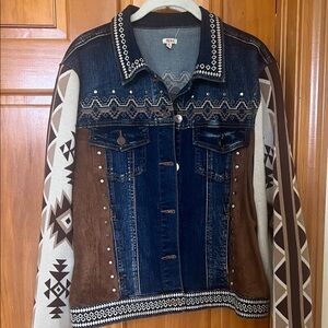Reba Blue and Brown Patterned Jean Jacket